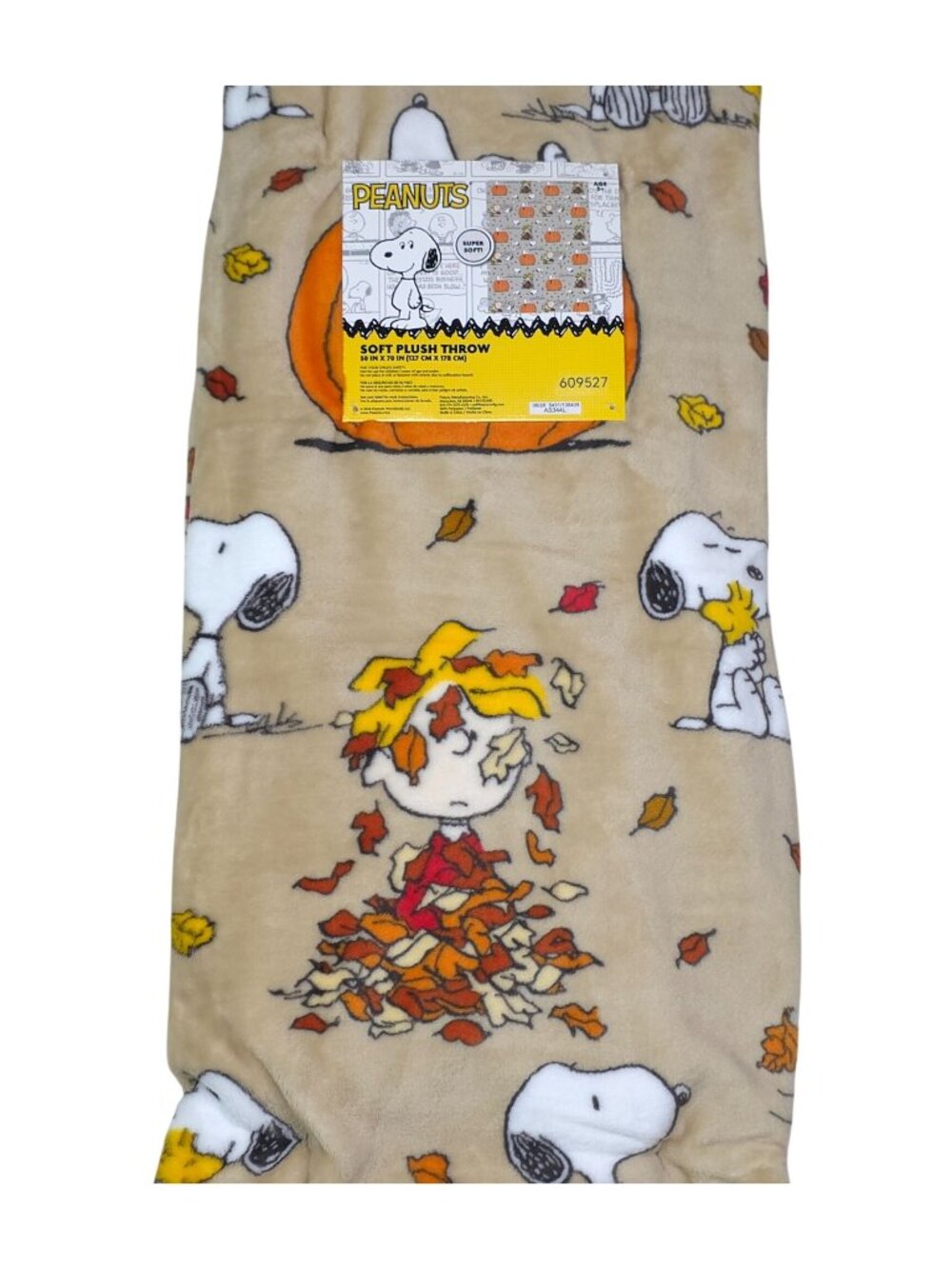 Peanuts Snoopy Fall Soft Plush Throw Blanket 50 X 70" Autumn Leaves Pumpkins Tan